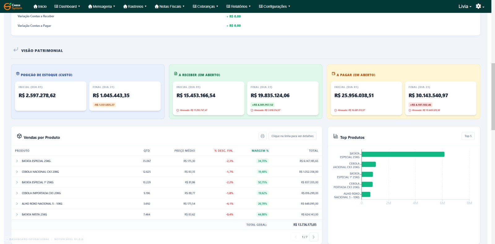 Dashboard CEASA SYSTEM com indicadores de vendas, margem e operação